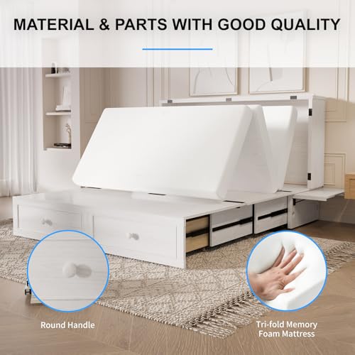 PUREMIND Queen Murphy Bed with Storage Drawers, Camas Con Colchon Incluido, Hideaway Chest Beds with Built-in Charging Station