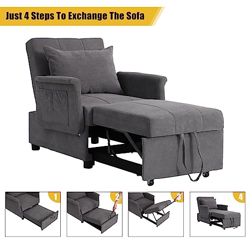 Convertible Chair Sleeper Bed, Folding Ottoman Sleeper Guest Bed 3 in 1 Multi-Function Adjustable PU Leather Futon Chair with Lumbar Pillow (Black)