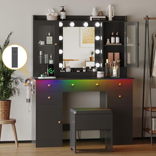Makeup Vanity Desk with Mirror and Lights, White Vanity Table Set with Storage Drawers, Charging Station, Cabinets & Chair