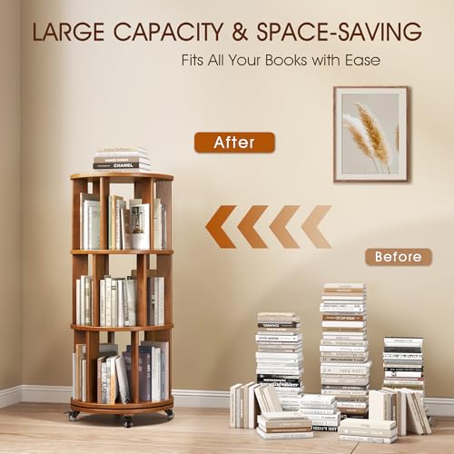 6 Tier Rotating Bookshelf Tower Spinning Bookshelf with Swivel Wheels Book Shelf Rotating Storage Tower for Kids Adult Narrow Walnut Solid Wood