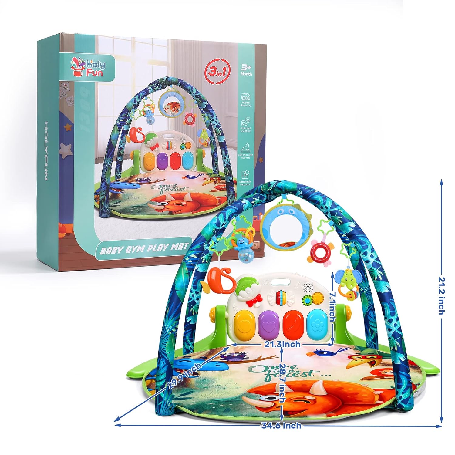 HOLYFUN Baby Gym Play Mat, Kick and Play Piano Gym with 5 Sensory Teether Toys, Multifunctional Tummy Time Round Playmats