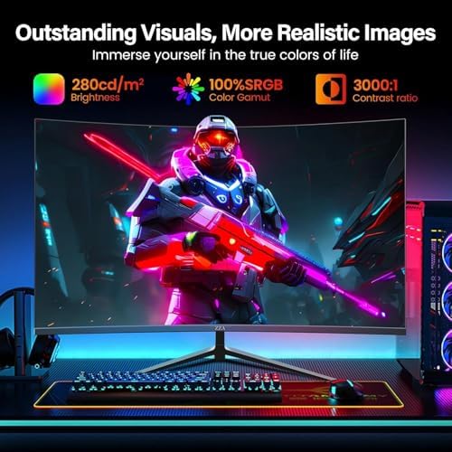 ZZA 32-Inch QHD Curved Gaming Monitor - 2K Resolution, 165Hz Refresh Rate, 1ms Response Time, FreeSync & G-Sync, HDR10, 122% sRGB Coverage, DP/HDMI