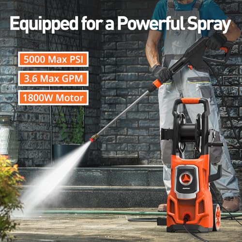 Electric Pressure Washer, Power 5000 Max PSI, 3.6 GPM Power Washer Machine with Hose Reel,4 Quick Connect Nozzles, Foam Cannon, for Cars, Patios