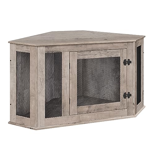 Corner Dog Crate Furniture, Wooden Dog Kennel End Table, Decorative Pet Crate Indoor Use, Furniture Style Dog House for Small Medium Dog
