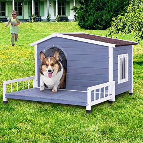 Outdoor Wooden Dog House,Waterproof Kennel with Deck and Sloped Roof,High Stability Pet Dog Cage for Small/Medium Puppy