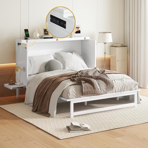 KEIKI Queen Size Cabinet Murphy Bed with Charging Station and Drawer, Multiple Storage Foldable Hideaway Wall Murphy Bed Frame with Solid Slat