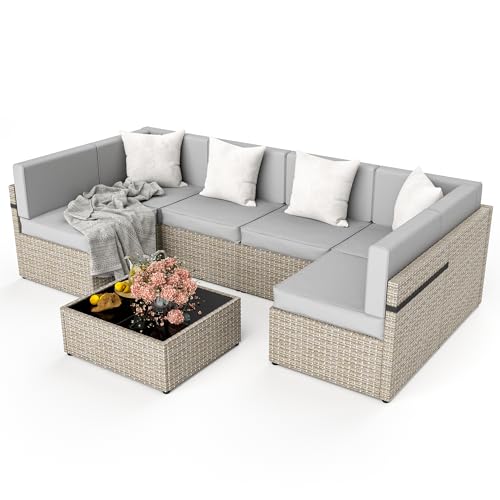 Pamapic Patio Furniture Set, 7 Pieces Modular Outdoor Sectional,Wicker Patio Sectional Sofa Conversation Set