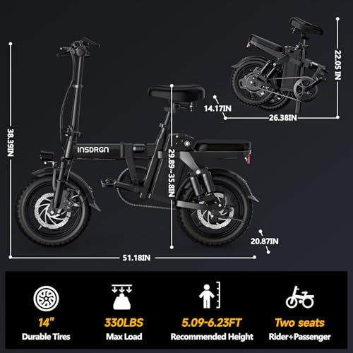 Folding Electric Bike for Adults, 20MPH Dual-Seat Ebike, MAX 45 Miles Range (PAS Mode) 499Wh Removable Battery, 9 Shocks Full Suspension, USB Charger