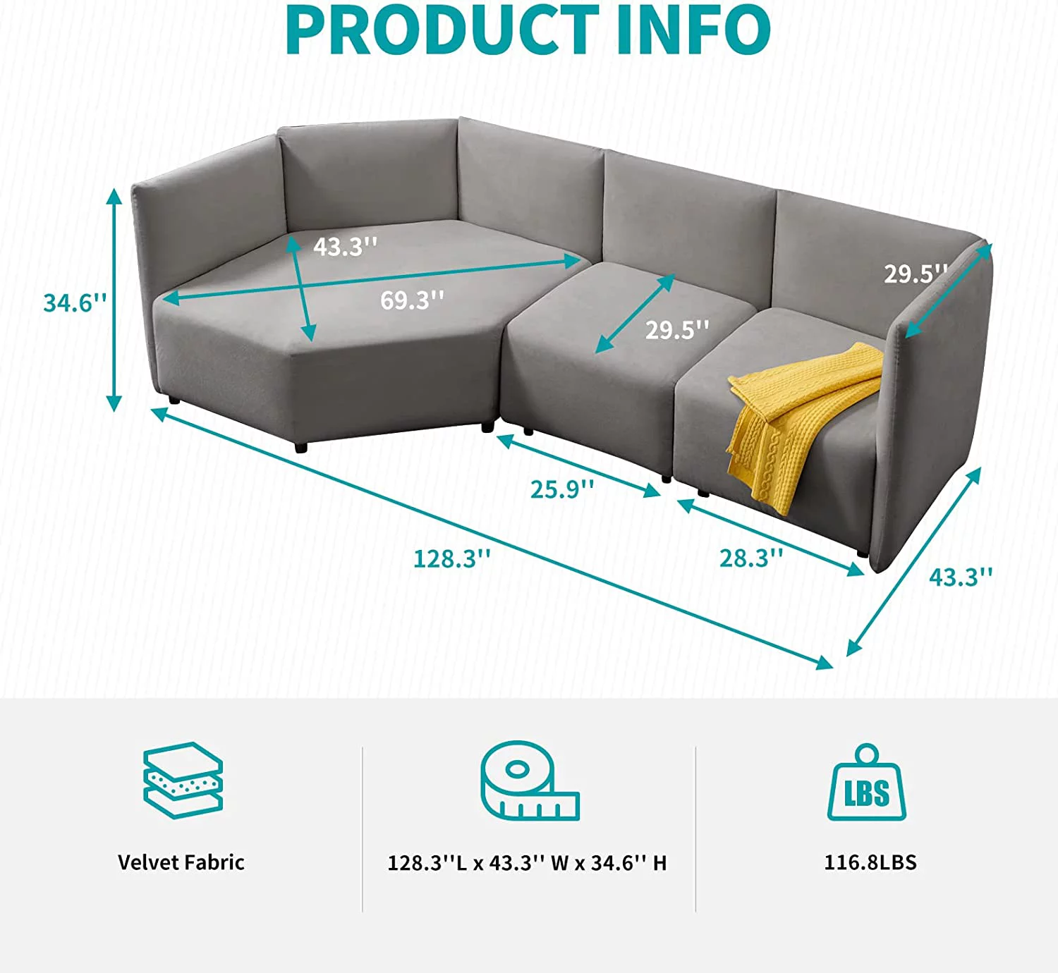 MUZZ Curved Sectional Sofa for Living Room,128'' Free Combination Modular Sofa with Adjustable Armrest and Backrest, Upholstered Cloud Couch