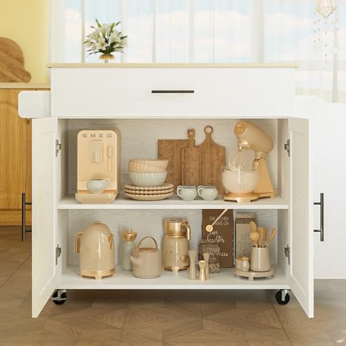 IRONCK Kitchen Island with Storage, Rolling Kitchen Island on Wheels with Drop Leaf, Charging Station, 3 Open Spice Rack, Cabinet, Drawer