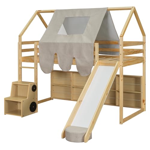 Harper & Bright Designs Kids Twin Low Loft Bed with Slide and Storage Shelves, Wood Playhouse Loft Bed Frame with a Tent & Stairs