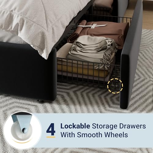 Allewie Modern Full Size Platform Bed Frame with 4 Storage Drawers and Velvet Upholstered Headboard, Wooden Slats Support