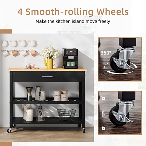 Shintenchi Rolling Kitchen Island Cart with Folding Drop Leaf Breakfast Bar, Portable Trolley Island with Large Storage Cabinet, Shelf and Drawer