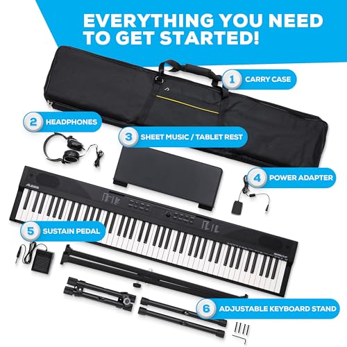 Alesis 88 Key Keyboard Piano with 480 Sounds, Speakers, USB MIDI, Carry-Bag, Stand, Headphones, Pedal and Piano Lessons for Beginners