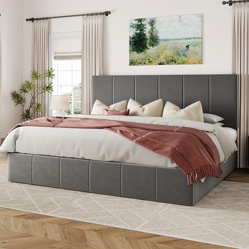 Allewie Queen Size Velvet Lift Up Storage Bed Frame, Vertical Channel Tufted Headboard, Hydrualic Underneath Storage, Upholstered Platform Bed