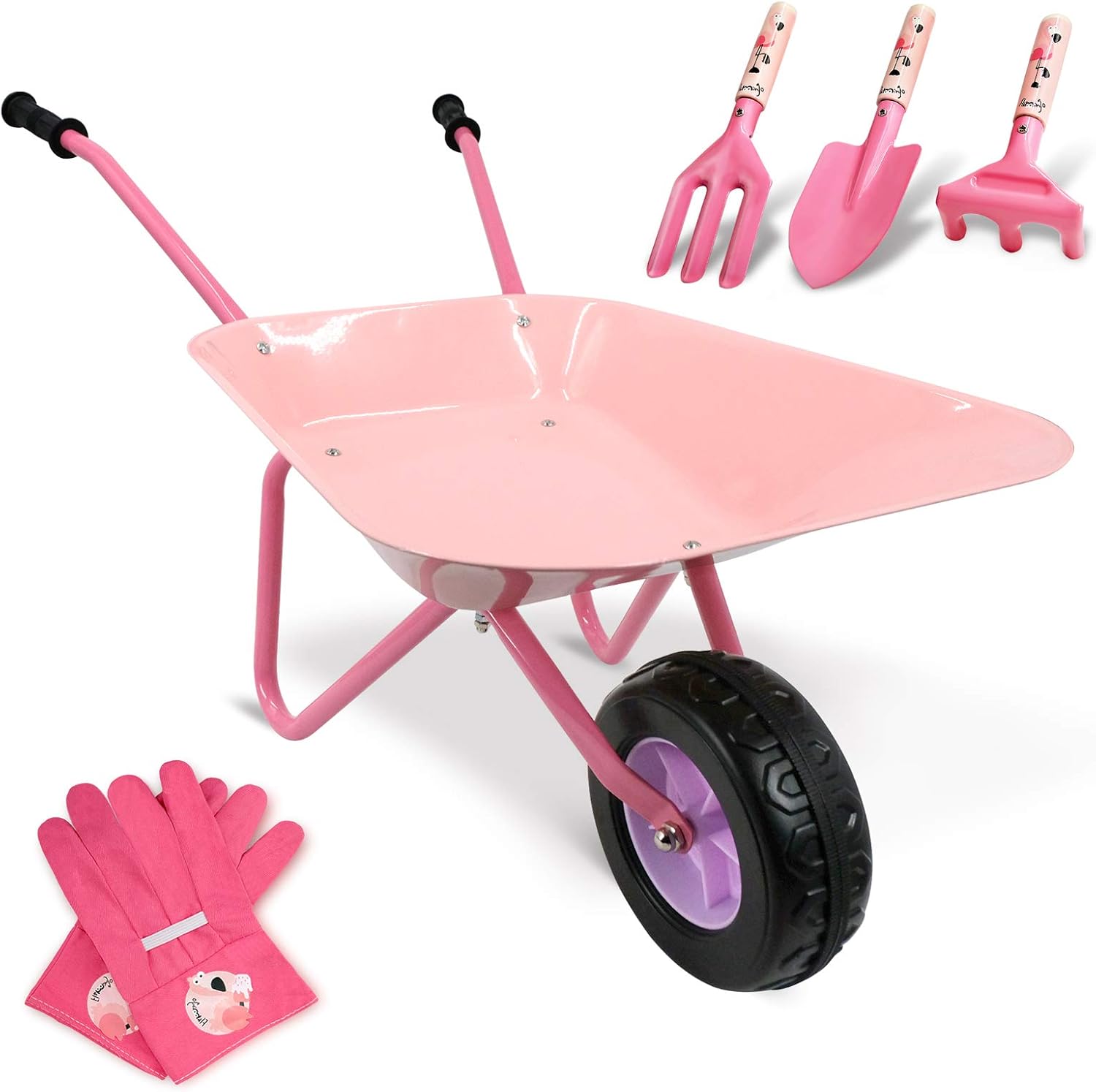 Altdorff Kids Wheelbarrow Set Metal, Child Wheel Barrel Pink Easy to Assemble and Garden Tools Kit Include Hand Rake, Shovel and Mini Rake