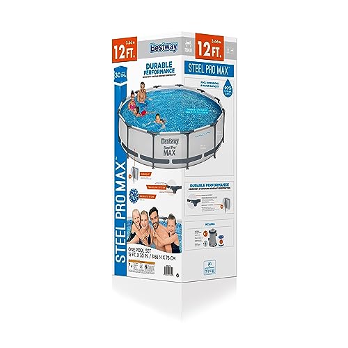 Bestway Steel Pro MAX 12 Foot by 30 Inch Round Above Ground Swimming Pool Set Outdoor Metal Frame Family Pool with Filter Pump, Gray