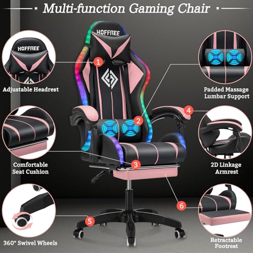 HOFFREE RGB Gaming Chair with Speakers Massage Computer Gaming Chair with LED Lights and Footrest High Back Video Game Chair for Adults Blue and Black