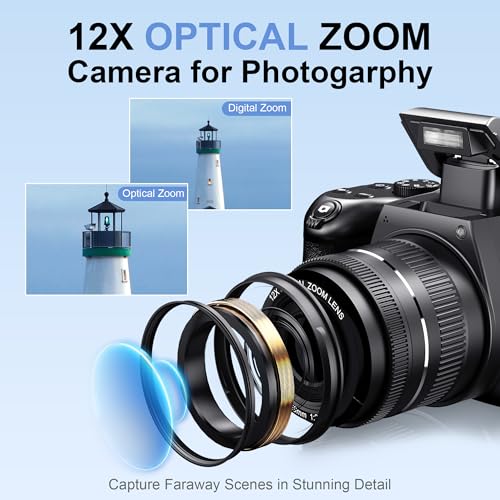 4K Digital Cameras for Photography, 12X Optical Zoom 72MP Vlogging Camera for YouTube with 270°Flip Screen, Autofocus & Anti-Shake Cameras
