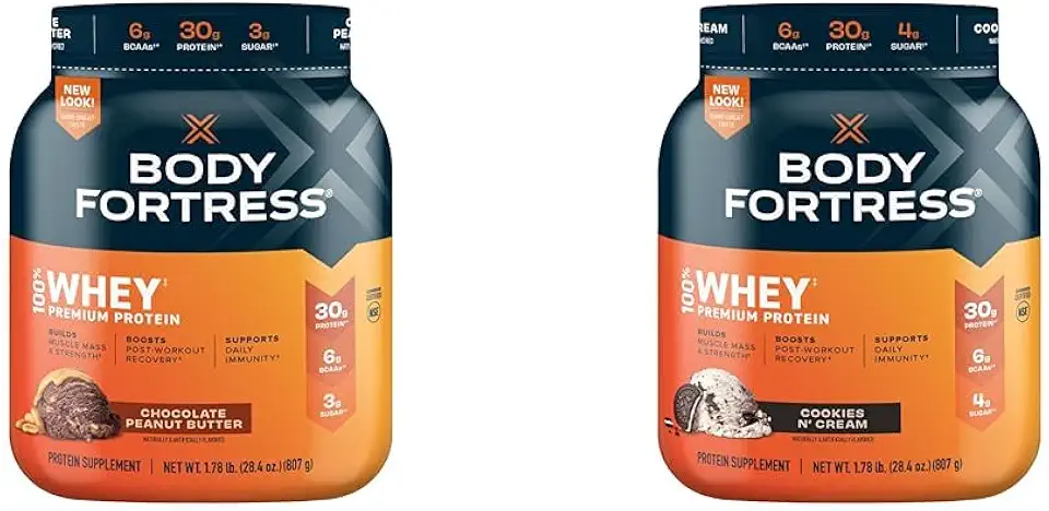 Body Fortress 100% Whey Premium Protein Powder Chocolate Peanut Butter and Cookies N' Cream, 1.78lbs Each - Kansas Nuitrition - HNZSDS