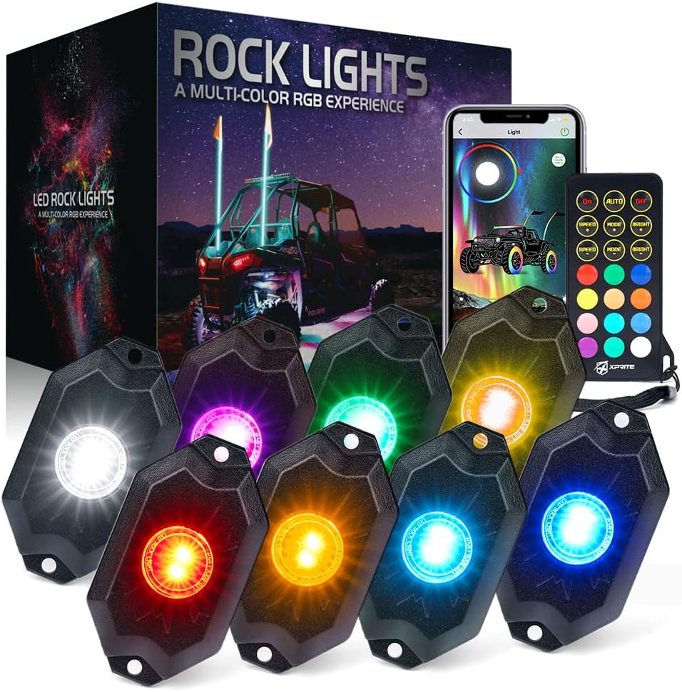 Xprite RGBW LED Rock Lights Kit w/Bluetooth & Wireless Remote Controller, Multicolor Cars Underglow, Whee Well, Footwell Neon Light Kits