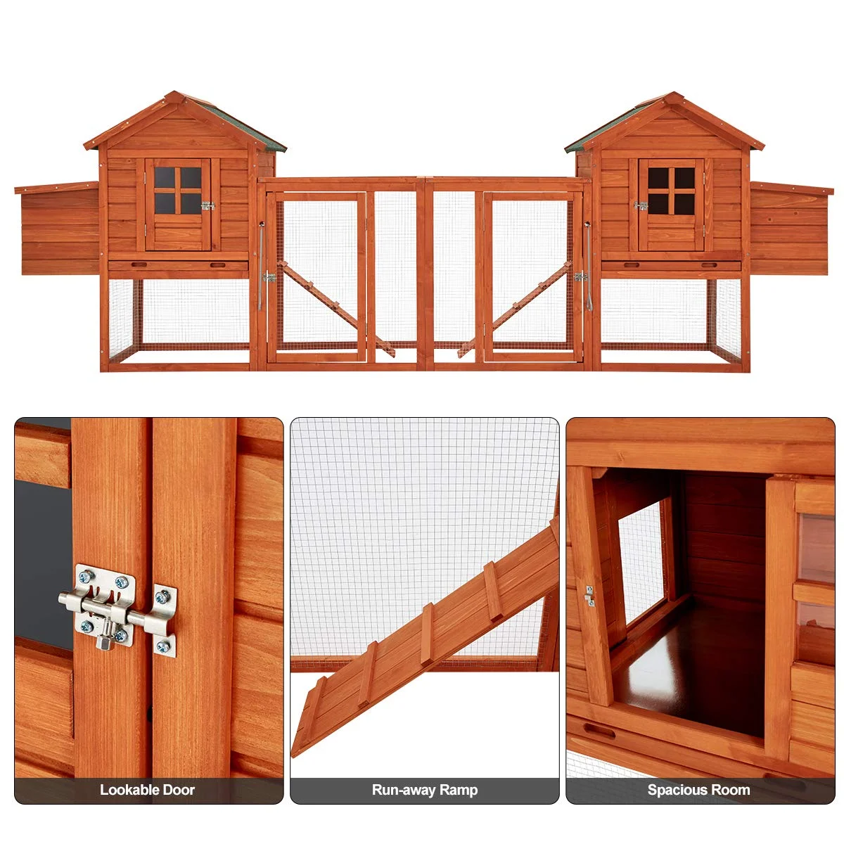 YODOLLA 144” Large Wooden Chicken Coop, Outdoor Hens House with Ramps and Nesting Boxes,Brown - Curated Treasures Market