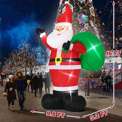 15FT Christmas Inflatables, Giant Inflatable Santa Claus Holding Gift Bags, Blow Up Christmas Santa Claus with 8pcs LED