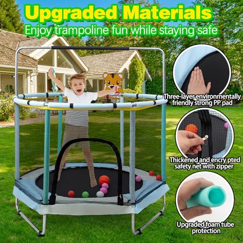 Trampoline for Kids, 5FT Adjustable for Toddler, Indoor/Outdoor Baby Trampoline with Enclosure Net, No-Gap Safe Design, Gifts for Boys & Girls