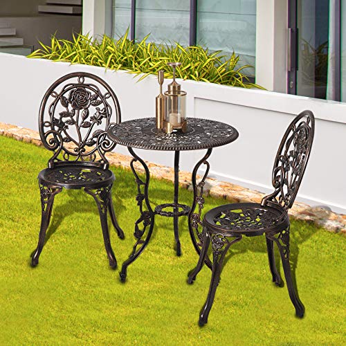 HOMEFUN Bistro Table and Chairs Set of 2 Outdoor 3 Piece Patio Set, Rose Pattern Cast Aluminum Bistro for Garden Balcony
