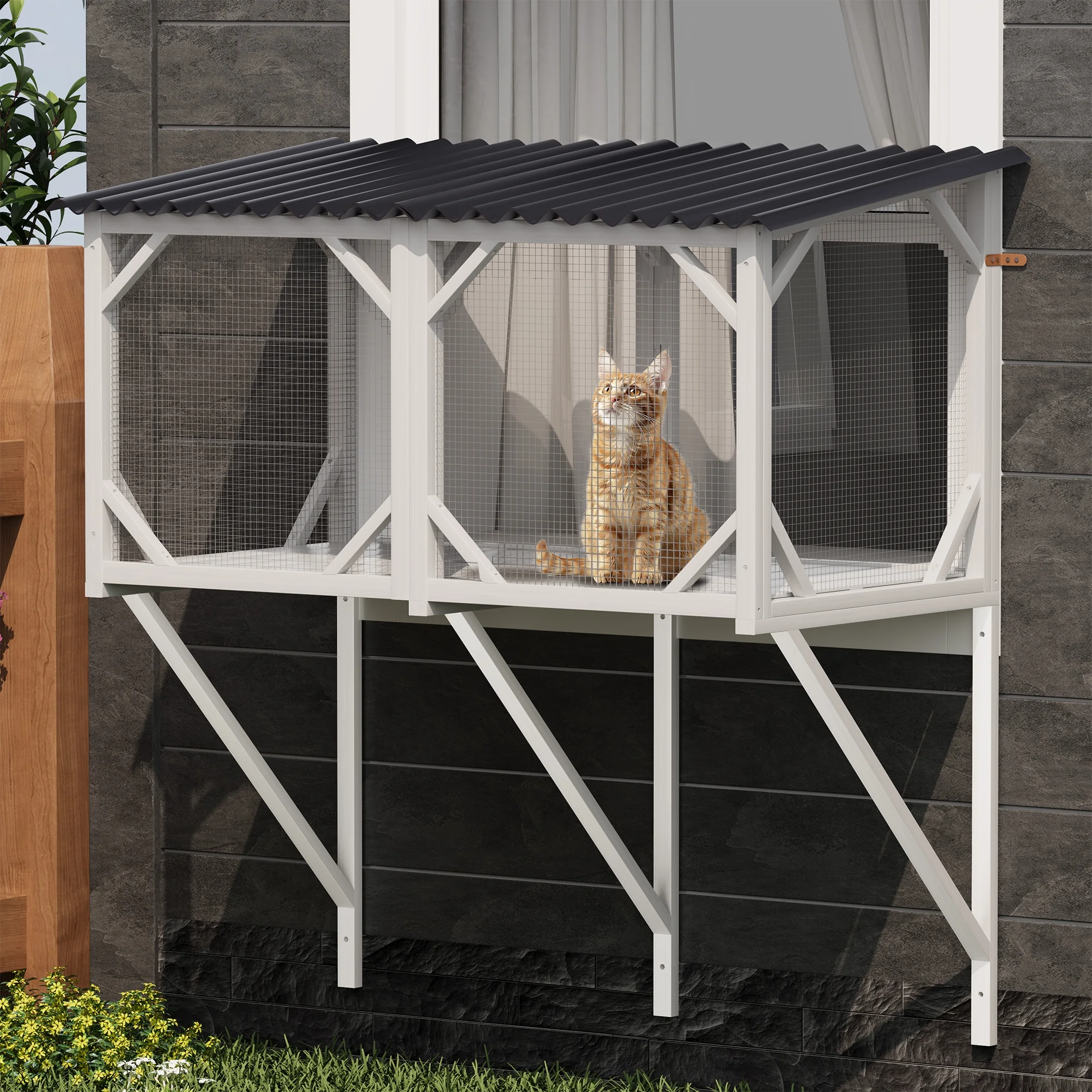 Montary Catio Outdoor Cat Enclosure with Window Access, 4-Tier Cat House with Wheels, Waterproof Roof &amp; Resting Box, Large Gray Cage