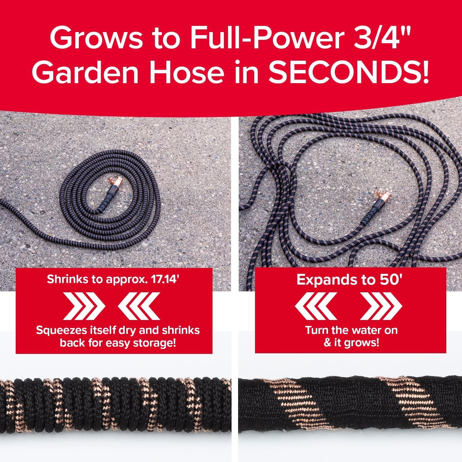 Pocket Hose Copper Bullet Expandable Garden Hose w/10 Pattern Thumb Spray Nozzle AS-SEEN-ON-TV 50 FT 650psi 3/4 in Patented Lead-Free