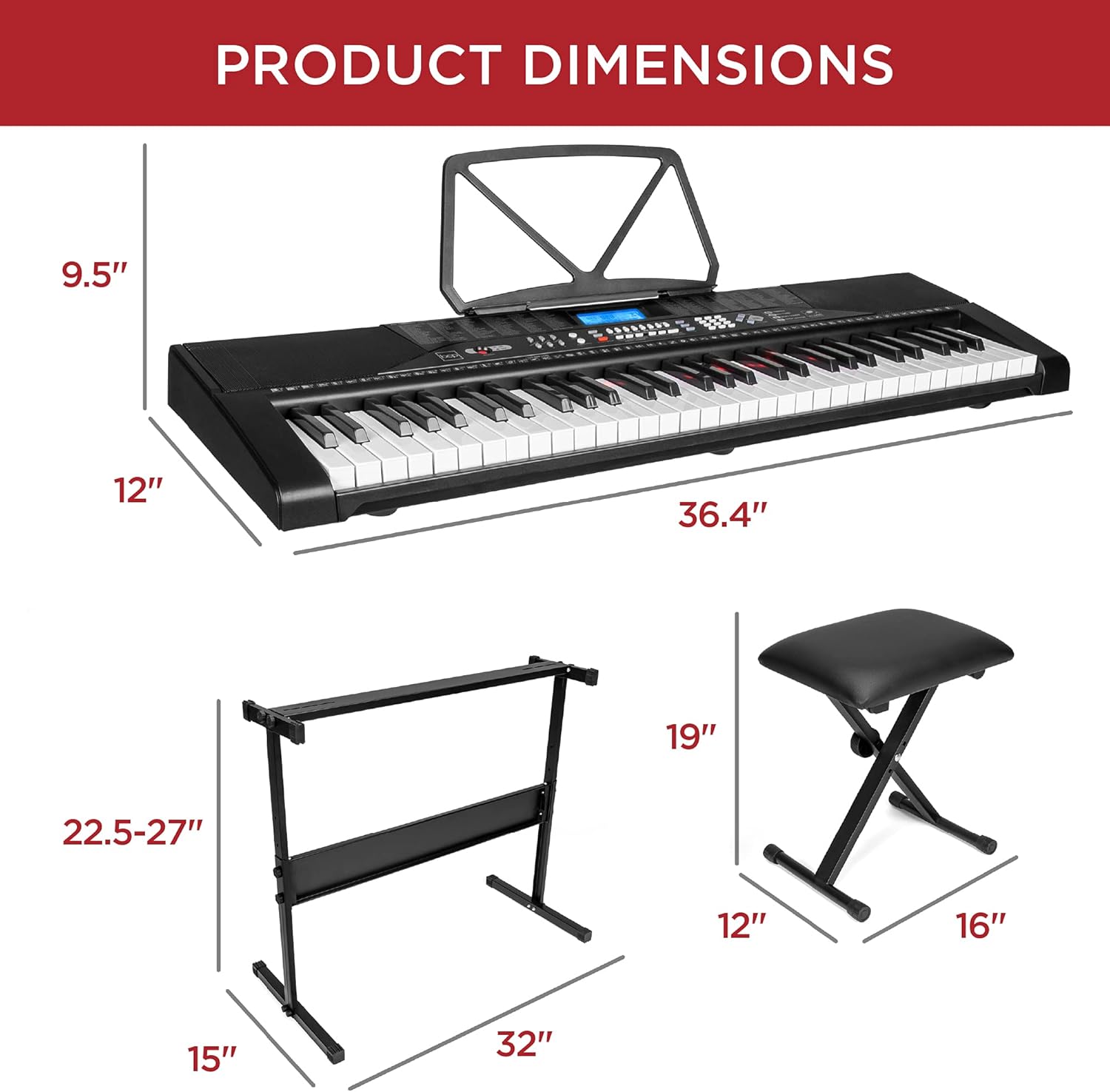 Best Choice Products 61-Key Beginners Complete Electronic Keyboard Piano Set w/Lighted Keys, LCD Screen, Headphones, Stand, Bench, Teaching Modes