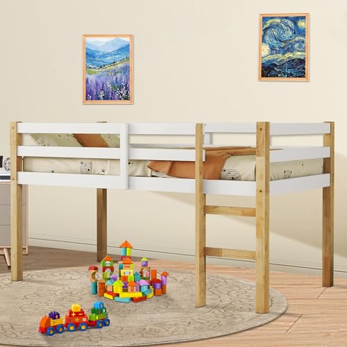 Low Loft Bed Twin Size, Kids Solid Wood Modern Loft Bed Frame with Ladder and Safety Guardrail for Girls Boys, Noise-Free,Non-Toxic Finishes