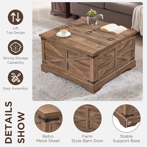 JXQTLINGMU Farmhouse Lift Top Coffee Table with Storage, 36" Wood Square Center Table with Large Hidden Compartment