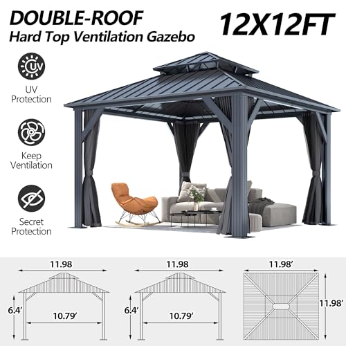 12'x12' Hardtop Gazebo, Outdoor Double Roof Galvanized Steel Gazebos, Aluminum Frame Permanent Pavilion with Curtains & Netting for Backyard, Patio