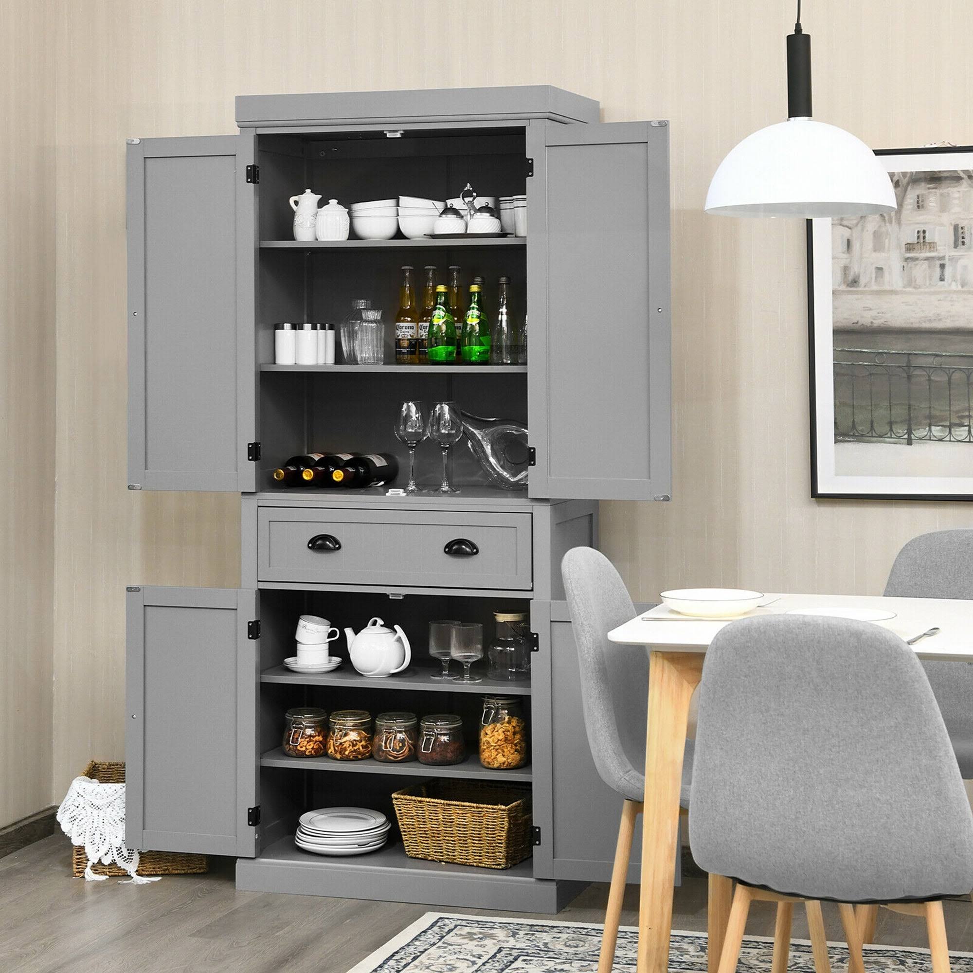 Gymax Kitchen Cabinet Pantry Cupboard Freestanding w/Shelves Grey - See Details