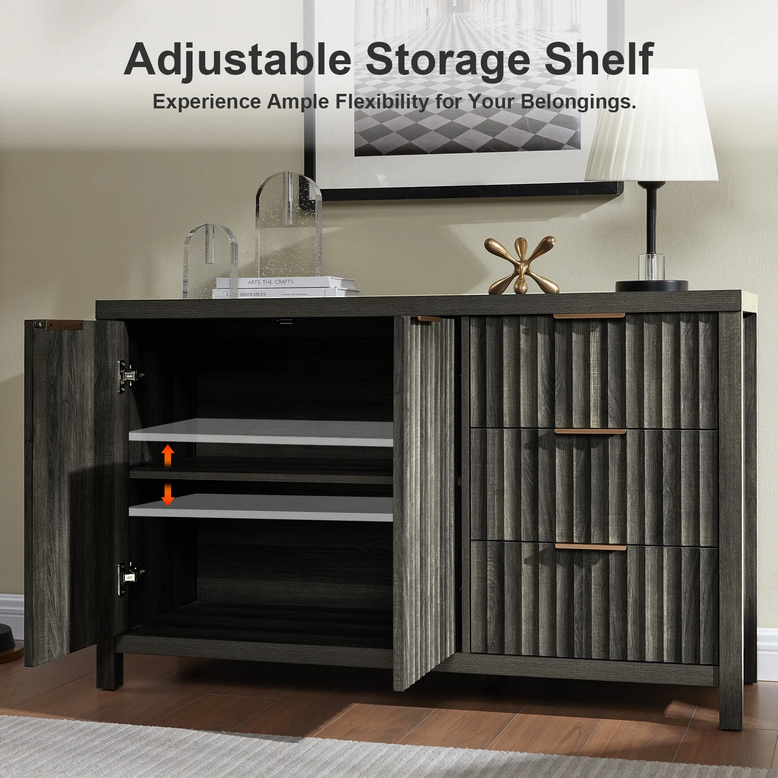 OAKHAM Buffet Sideboard Storage Cabinet with Drawer and Doors, Fluted Sideboard Modern Credenza with Adjustable Shelves