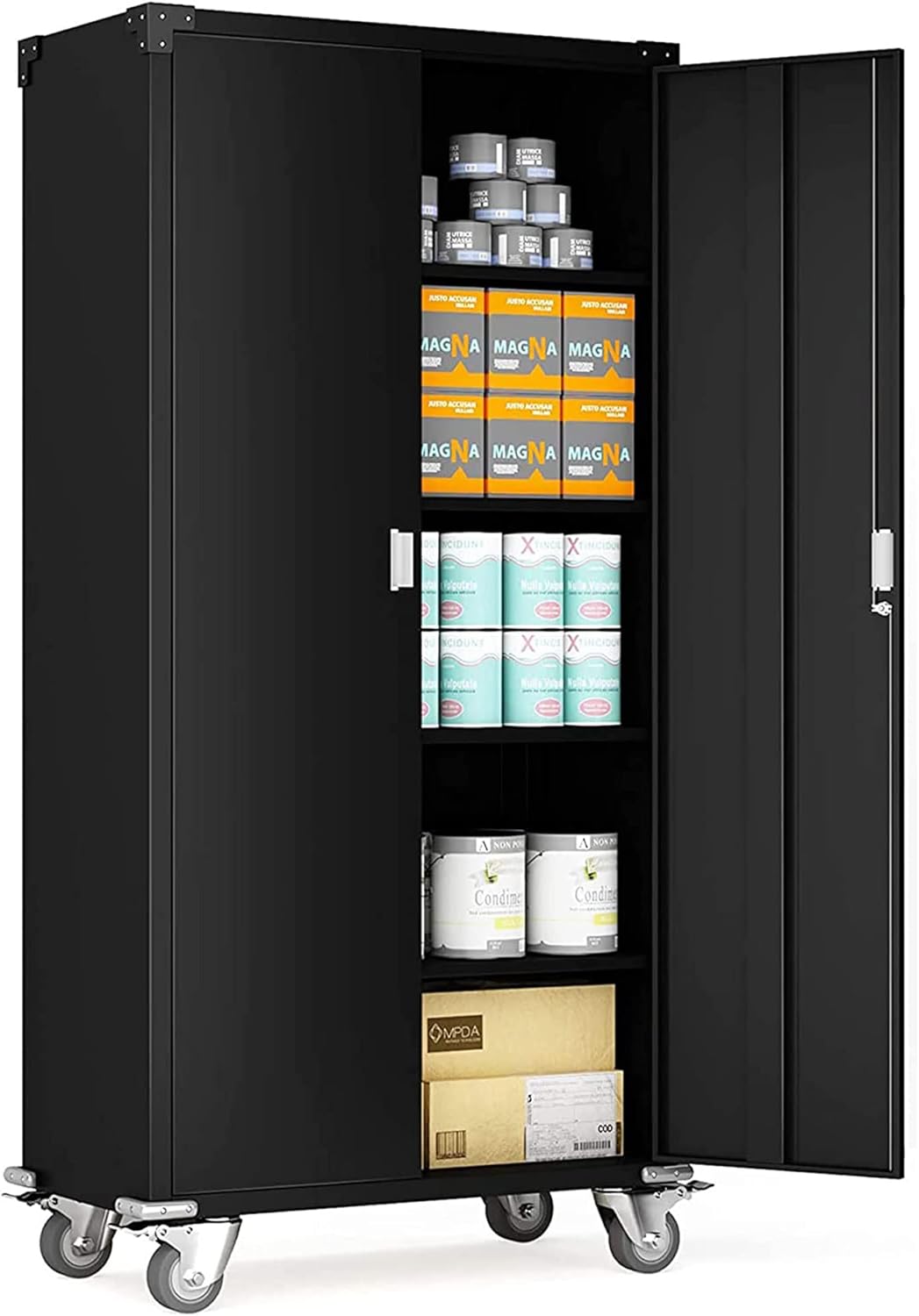 AOBABO Metal Storage Cabinet with Wheels,Steel Storage Shelving Cabinet, Lockable Cabinet for Home and Office, Metal Utility Cabinet for Garage