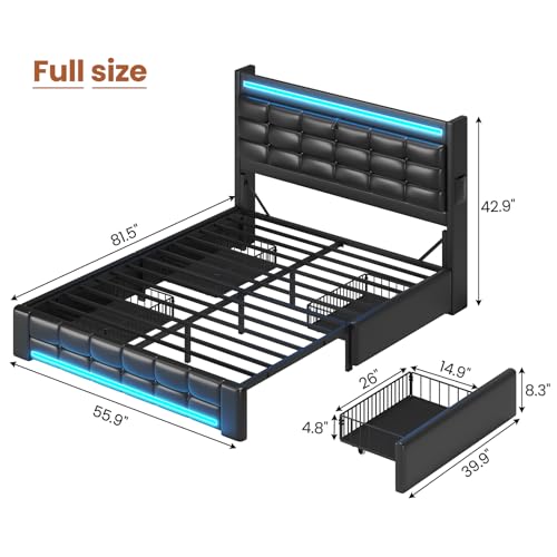 ADORNEVE Queen Bed Frame with Storage Headboard & 4 Drawers, LED Bed Frame Queen with Charging Station