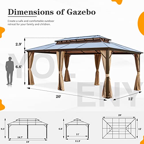 YOLENY 10'x13' Hardtop Gazebo, Outdoor Polycarbonate Double Roof Canopy, Aluminum Frame Permanent Pavilion with Curtains and Netting
