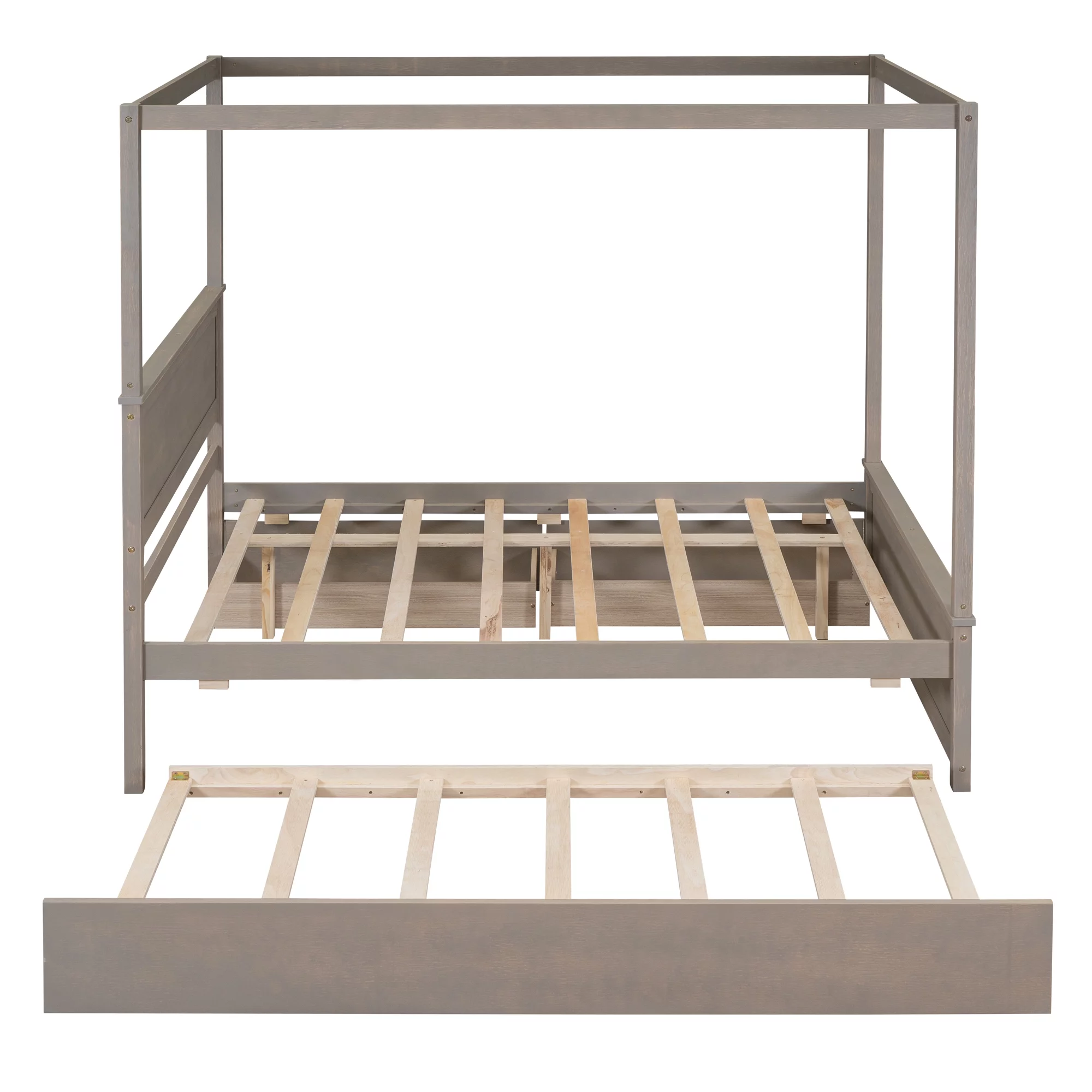 Nestfair Light Brown Full Size Wood Canopy Platform Bed with 2 Drawers and Trundle