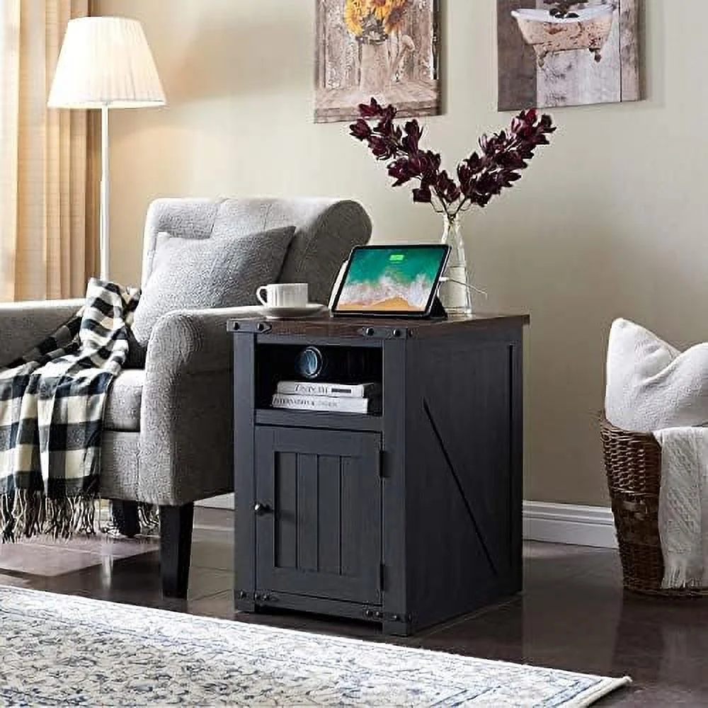 SJOINGB Nightstand with Charging Station  20" Farmhouse End Table w/Groove Barn Door  Rustic Wood Sofa Side Bedside Table w/Open &amp