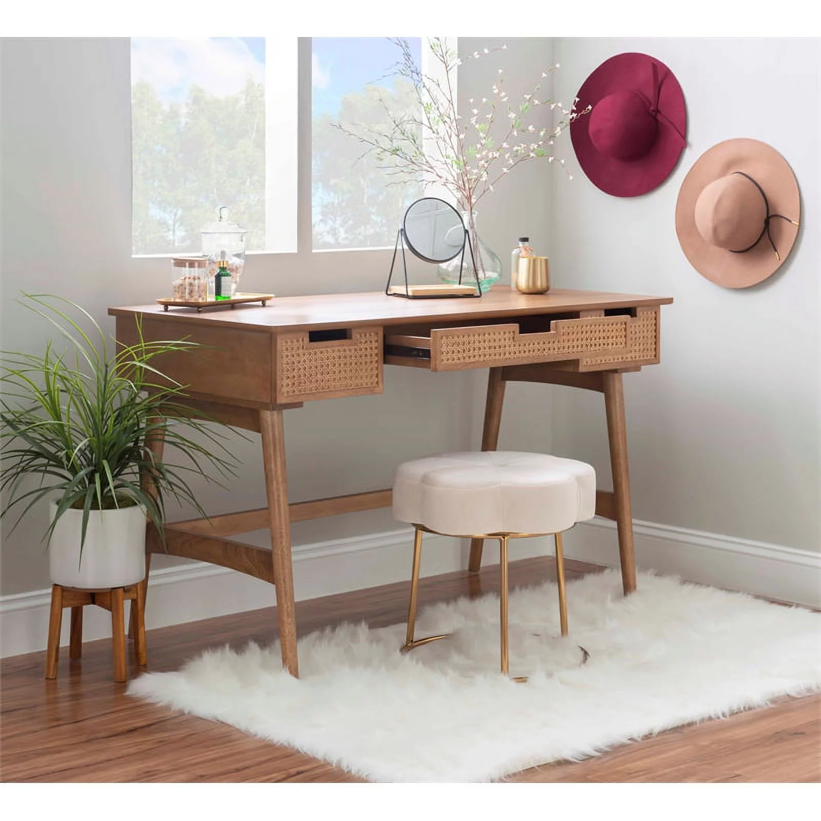 Linon Luca Rattan Wood Desk with Drawers in Natural