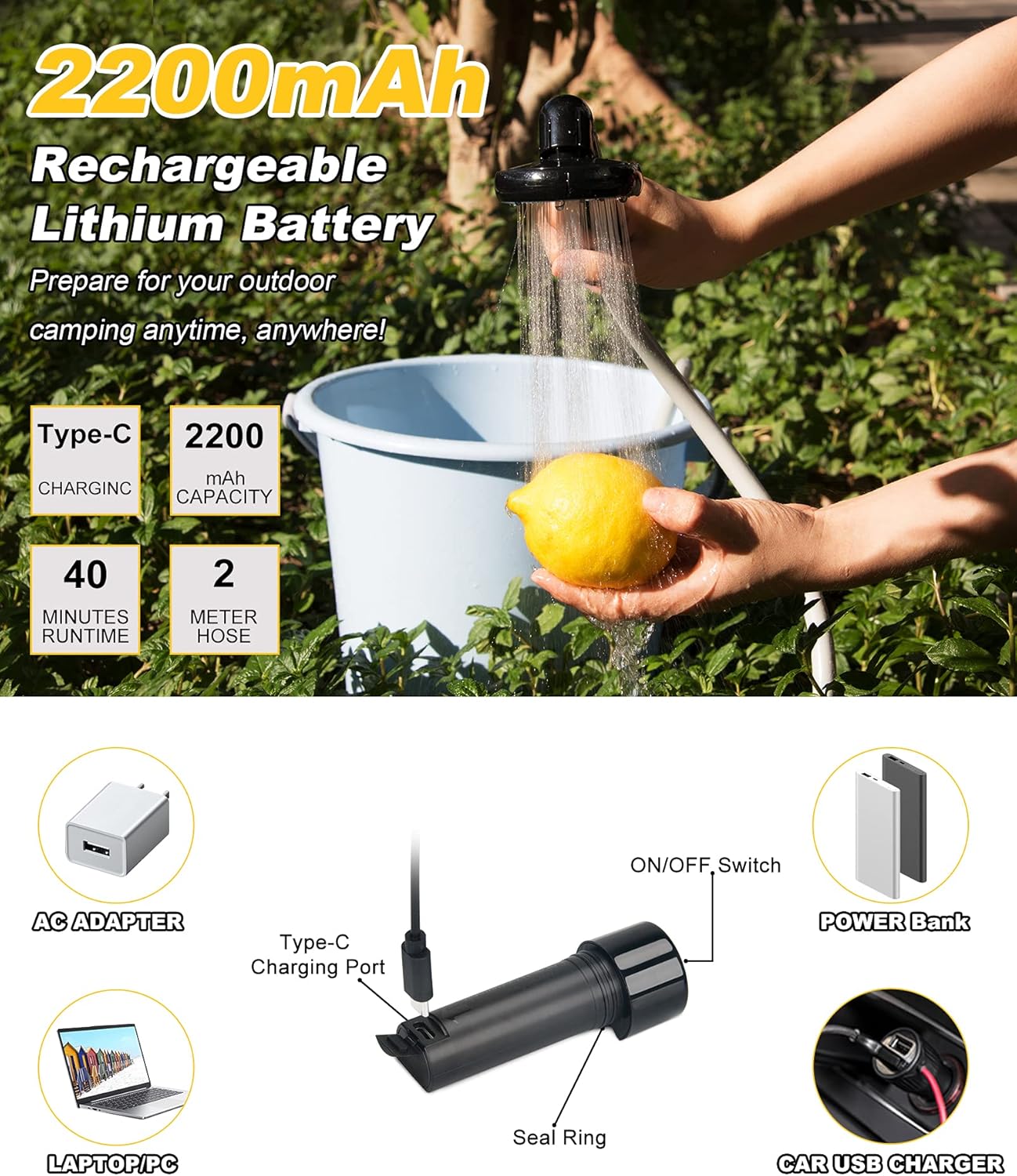anngrowy Portable Shower Camping Shower Outdoor Showerhead Camp Shower Pump Electric Rechargeable Portable Shower Head for Pet Cleaning Beach Washing