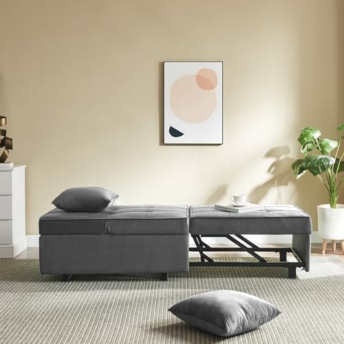 Sofa Bed 4-in-1 Convertible Pull Out Couch, Velvet Love seat Couch Sleeper Chair Bed with 2 Throw Pillow