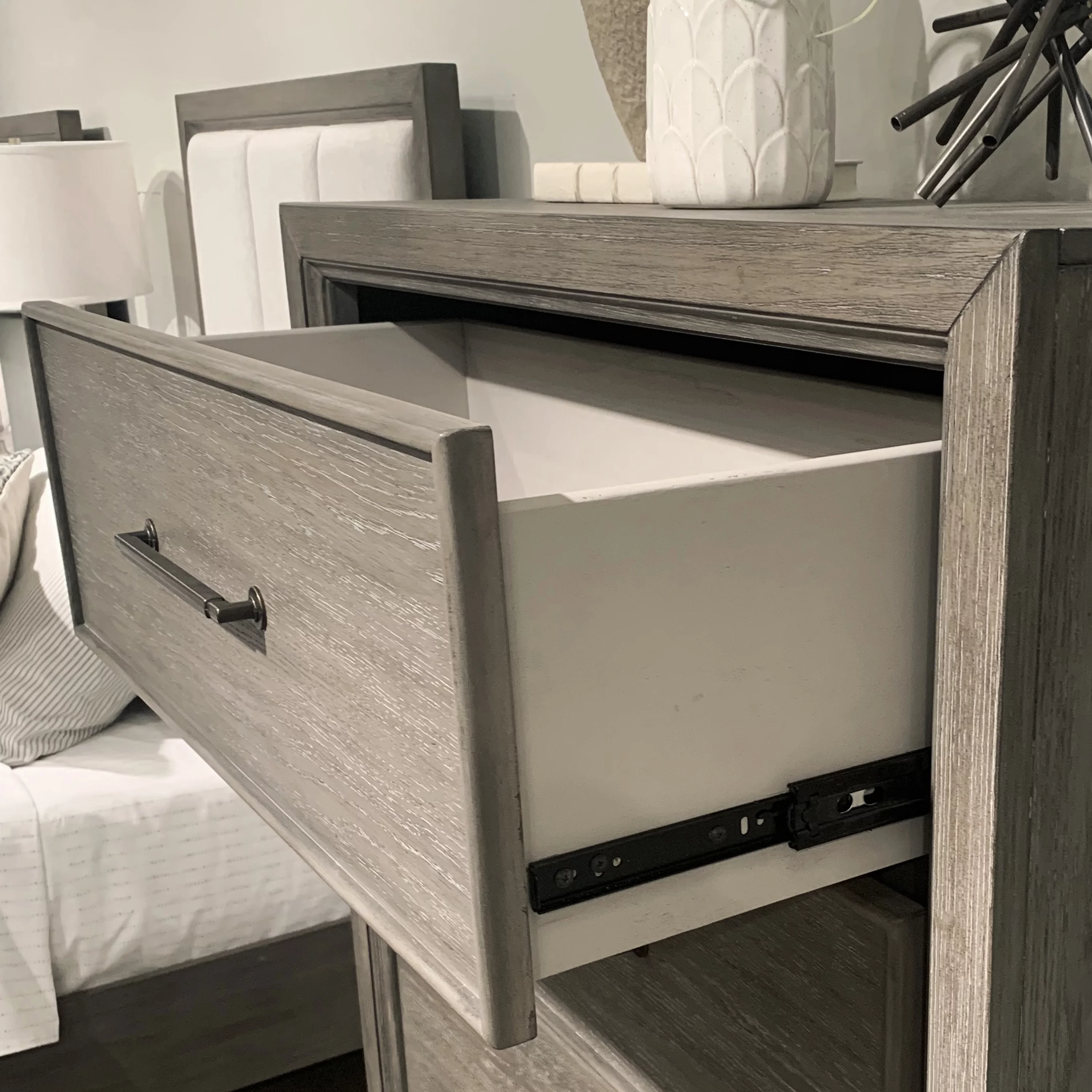 Ennesley Gray Wood Bedroom Set with Upholstered Panel Queen Bed, Dresser, Mirror, 2 Nightstand, and Chest