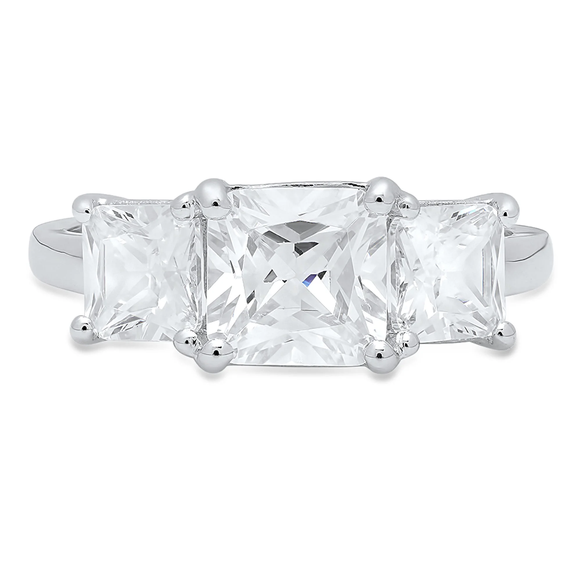 4.0 ct Square Emerald Cut Real Genuine Natural Diamond SI1-SI2 J-K 14K White Gold Three-Stone Promise Wedding Statement Engagement Designer Ring size