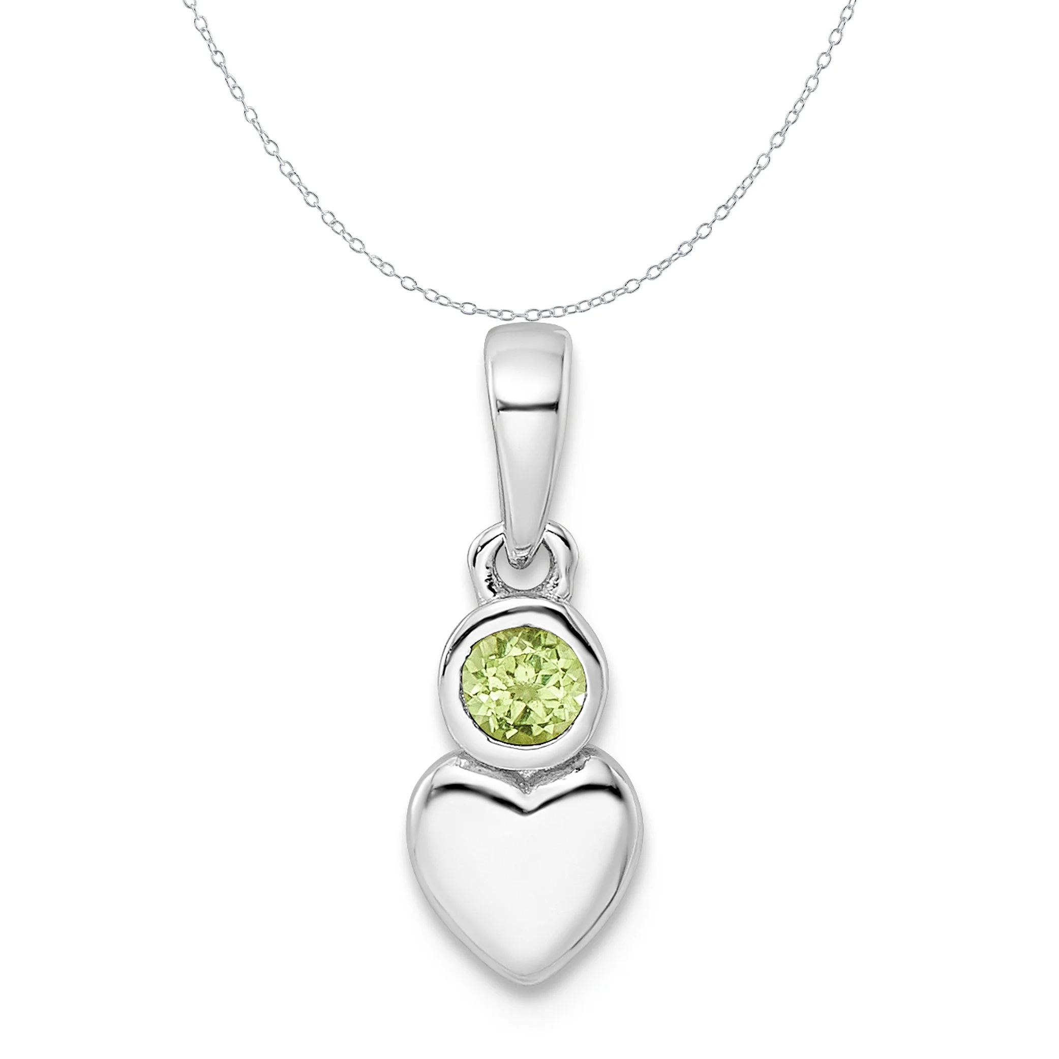 Carat in Karats Sterling Silver Polished Finish Rhodium-Plated Peridot Heart Charm Pendant (17mm x 5.55mm) With Sterling Silver Cable Chain Necklace