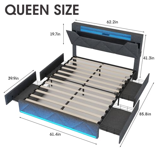 Vabches Queen Bed Frame with Storage Headboard and 4 Drawers,Upholstered Platform with Charging Station and Led Lights,Adjustable Headboard