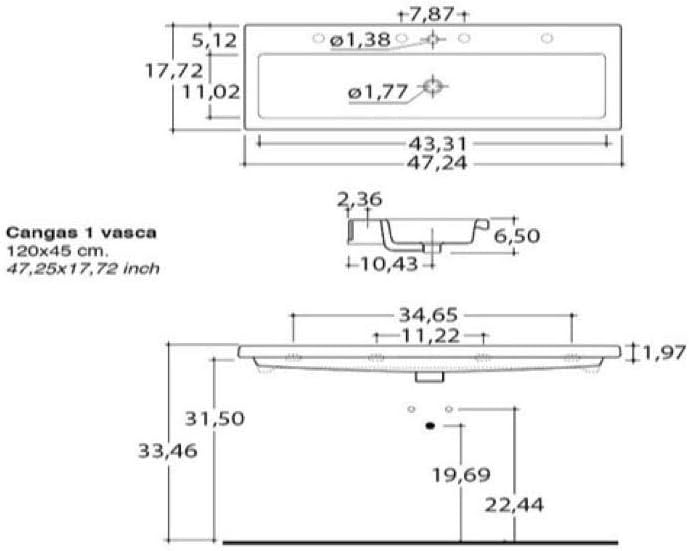 Tecla CAN05011B-Two Hole Cangas Rectangular Ceramic Wall Mounted/Built In Sink, White